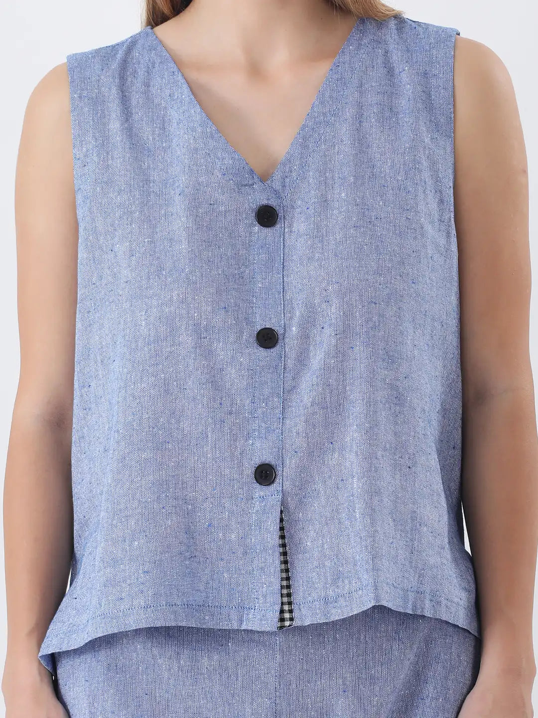 Denim blue linen vest top with pant