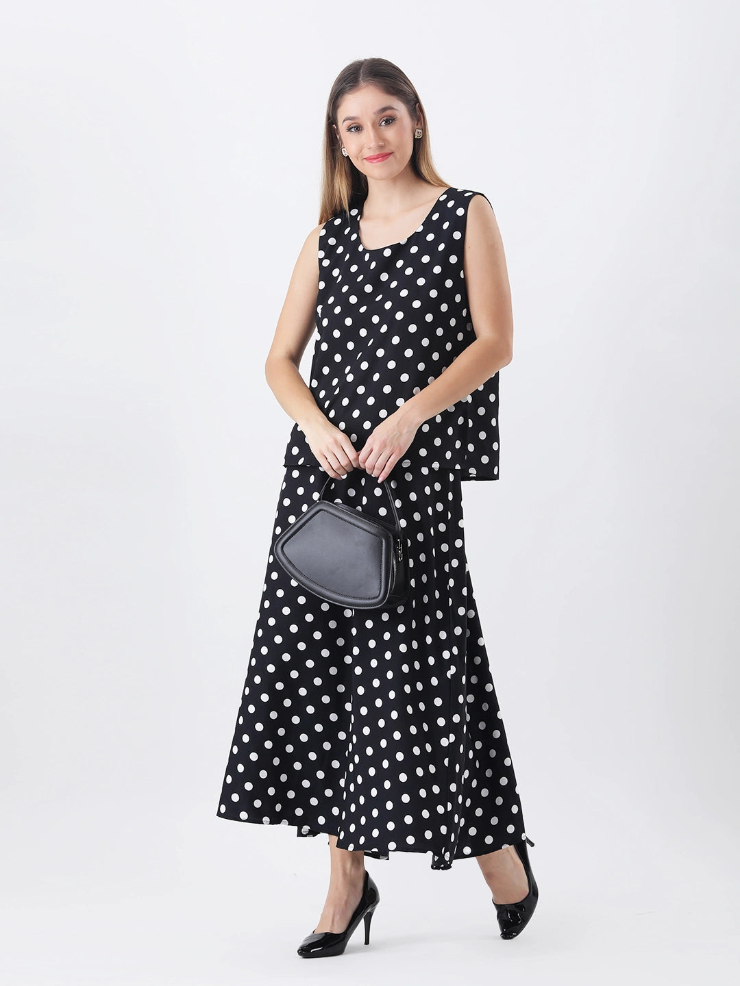Black polka top with long a-line skirt co-ord set
