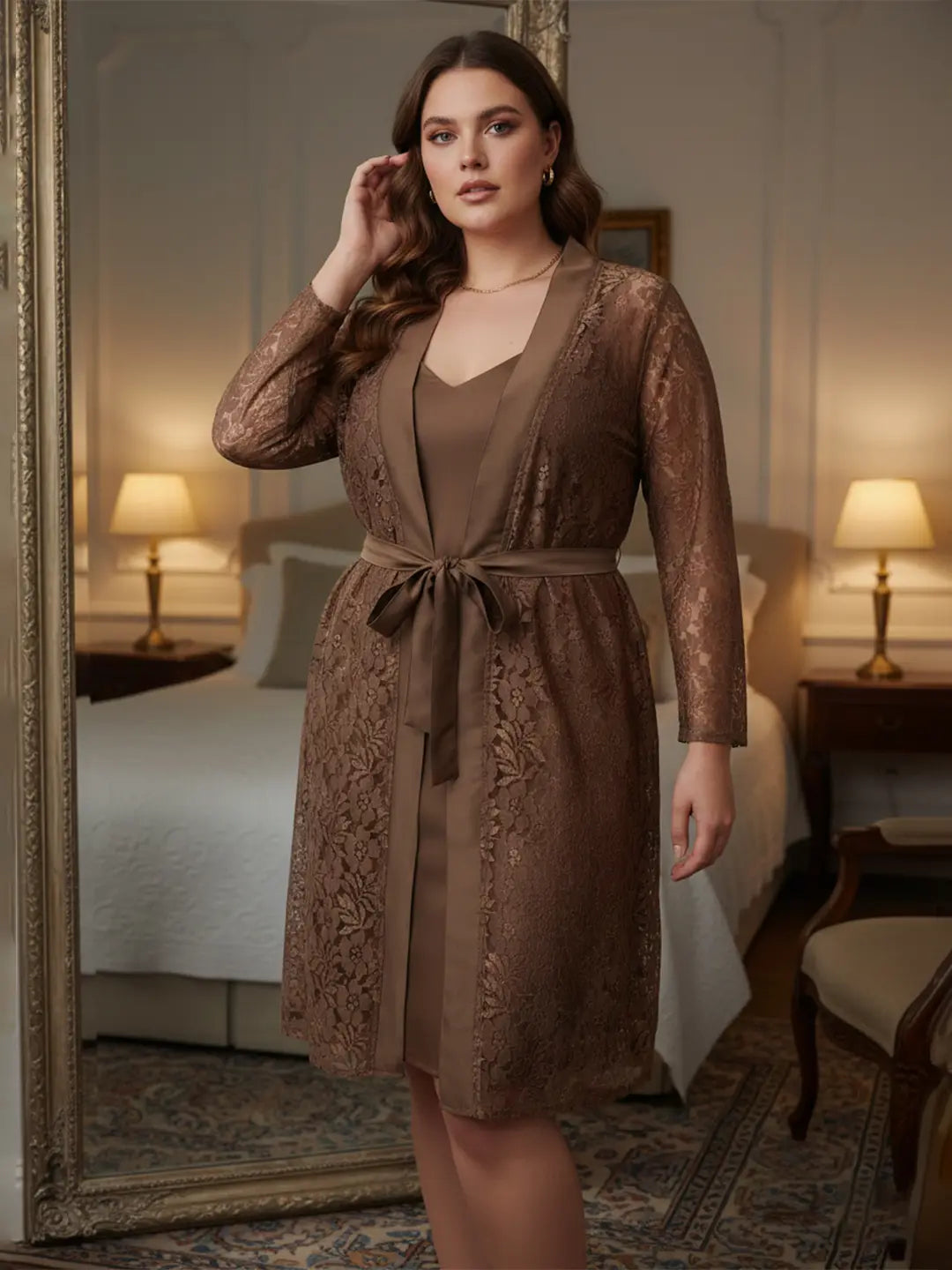 bronce lace shrug with slip dress
