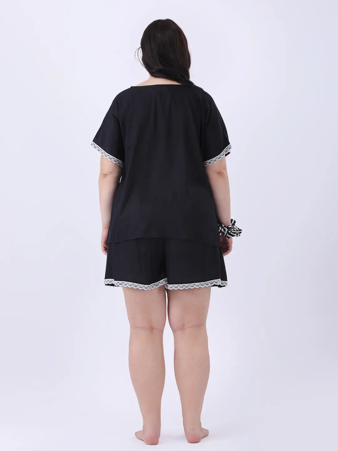 Black rayon v-neck drop shoulder top with shorts co-ord set