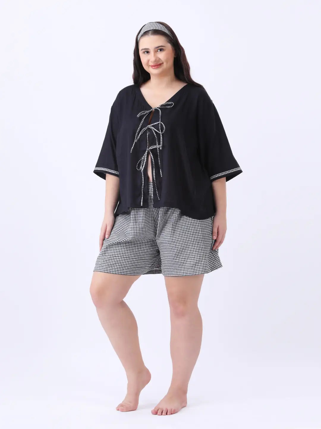 Black rayon bow top with gingham shorts co-ord set