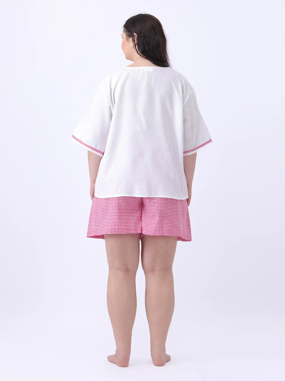 White rayon loose fit gingham bow top with gingham shorts co-ord set