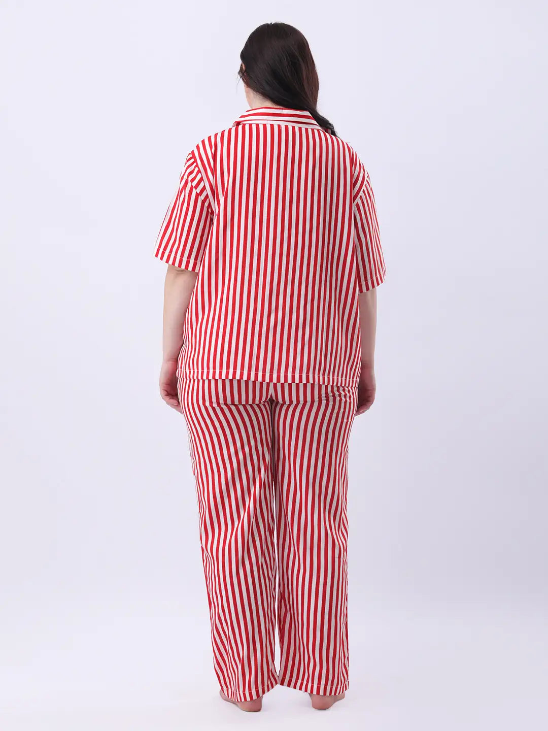 Red striped notch collar shirt with pant co-ord set