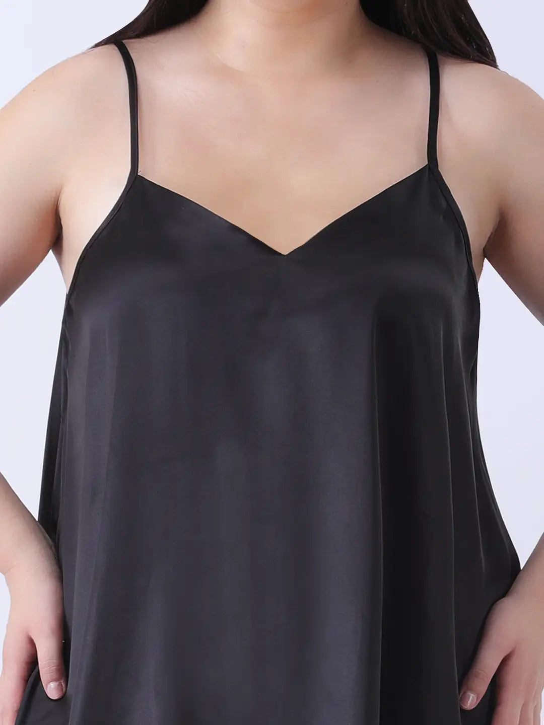 Black satin nightwear dress with a sheer night robe