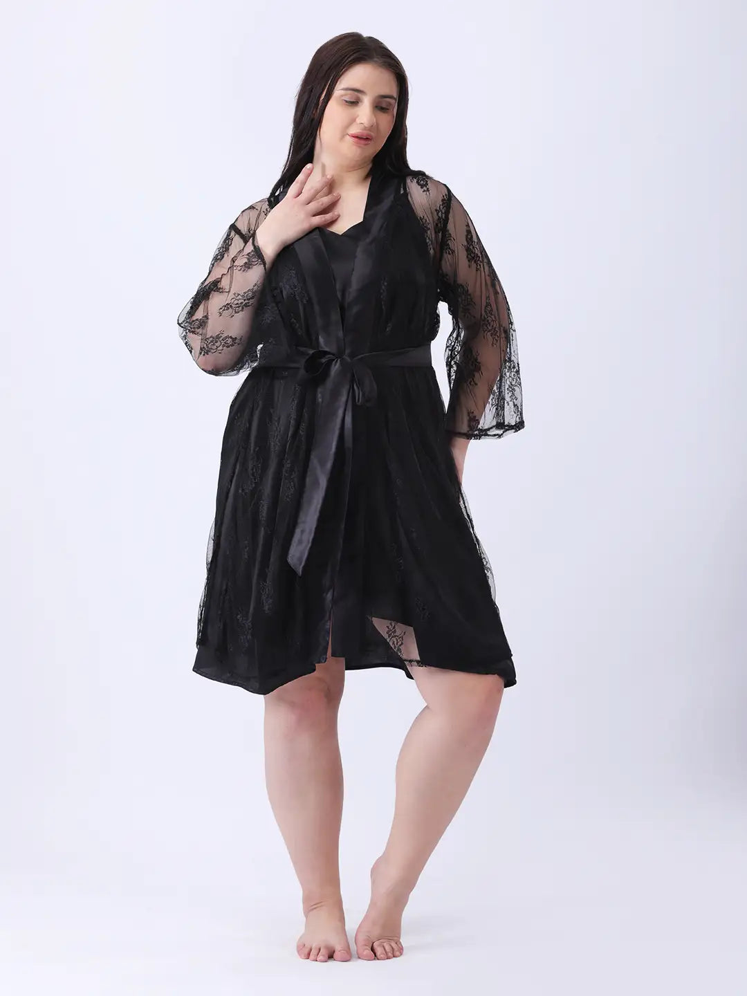 Black sheer robe with waist tie-up