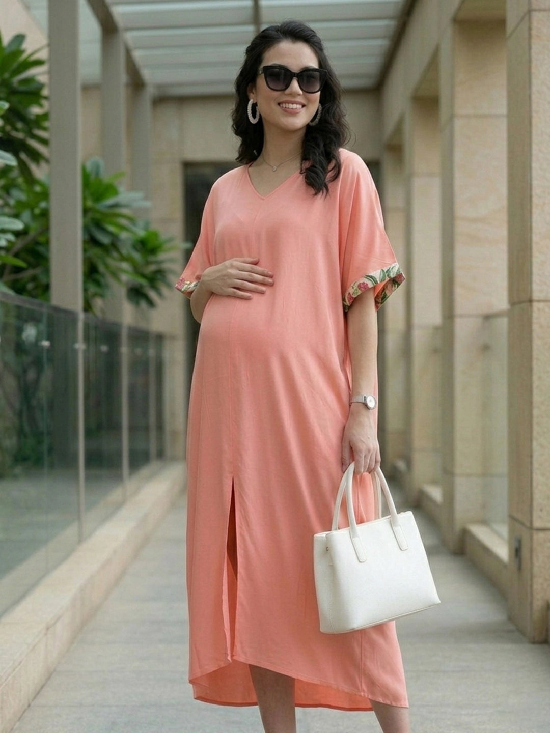 Peach loose fit dress with front slit