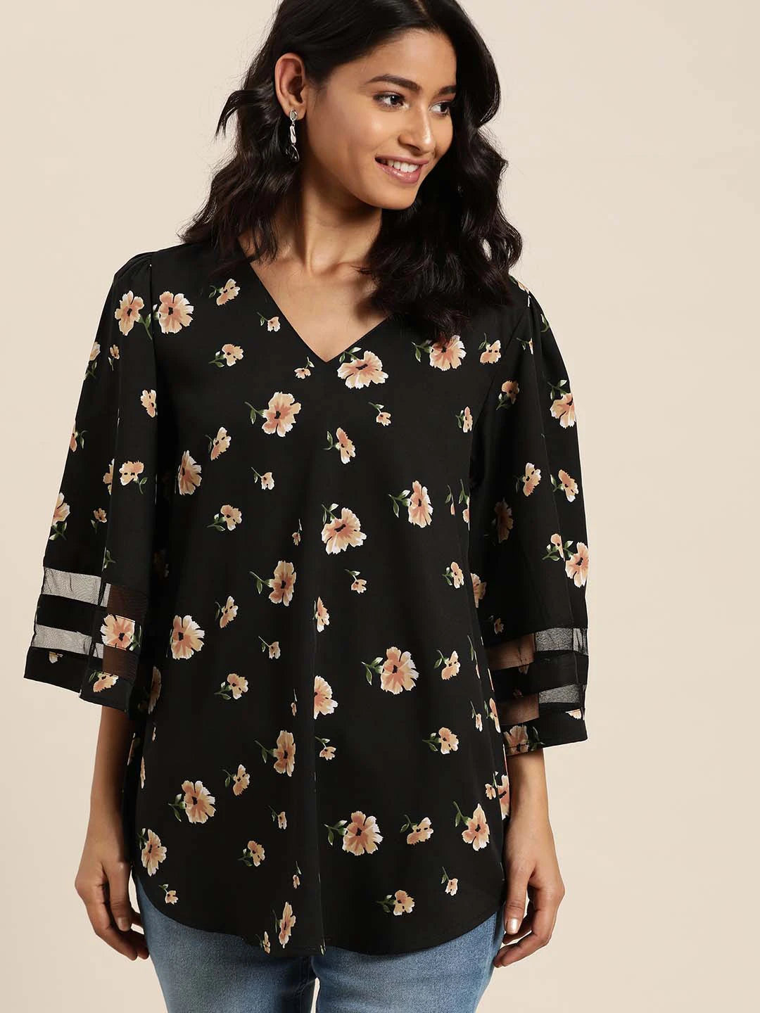 Floral Dark Black Regular Fit V Neck Three Quarter Bell Sleeve Crepe Top