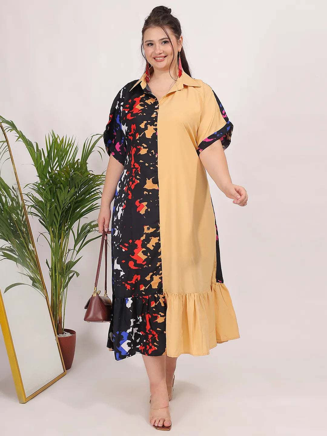 Contrast printed dress with ruffle hem