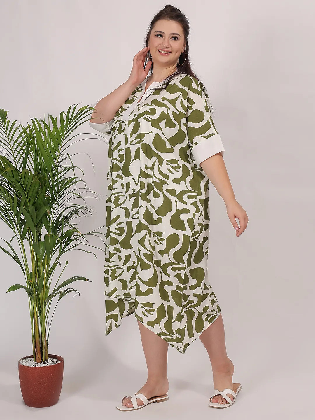 Olive abstract print rayon dress