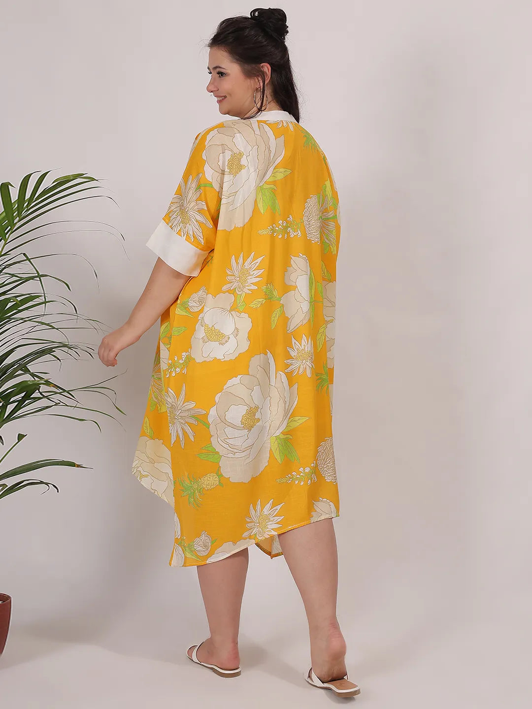 Yellow flower print rayon dress
