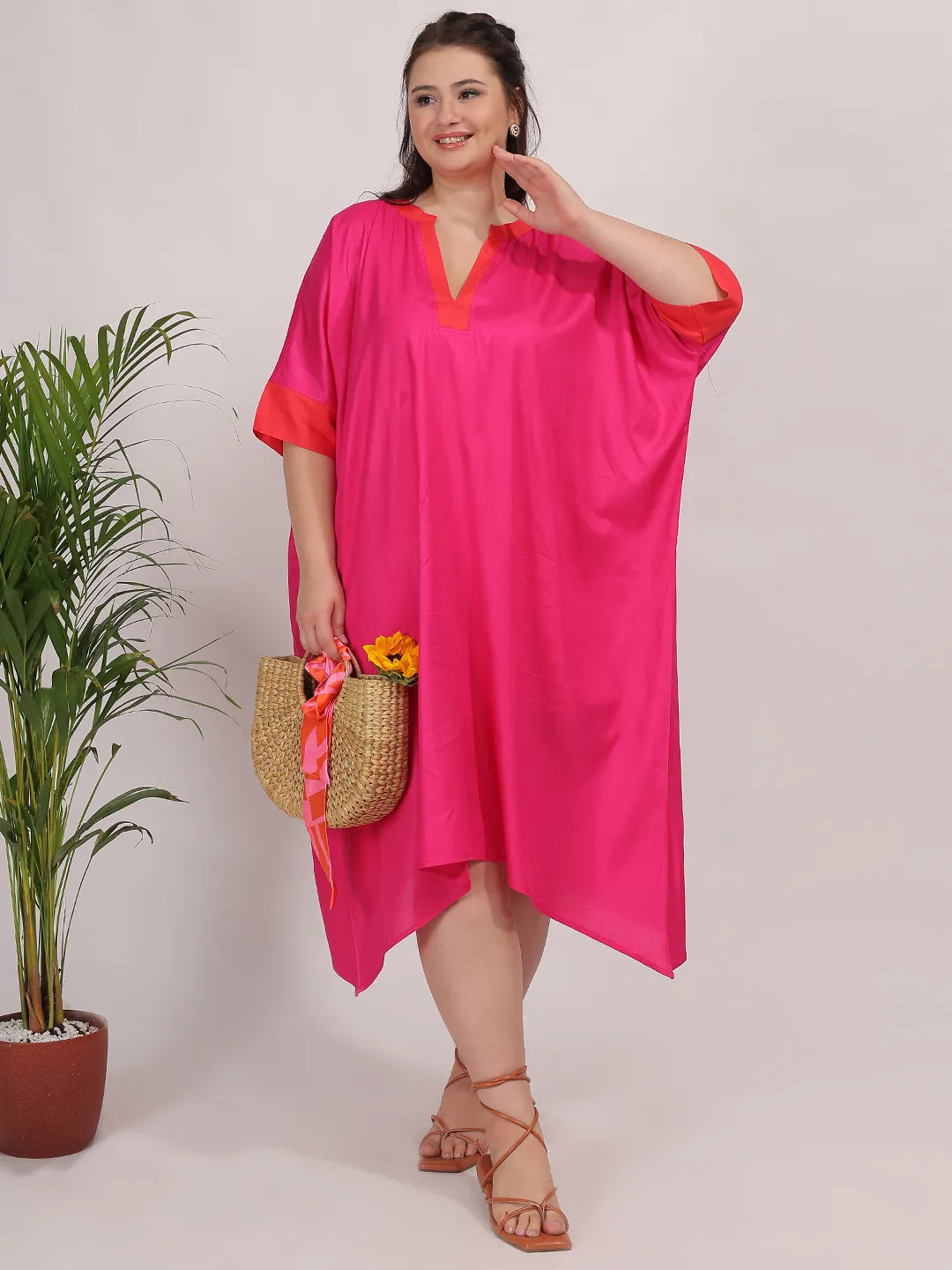 Magenta rayon dress with contrast banded collar