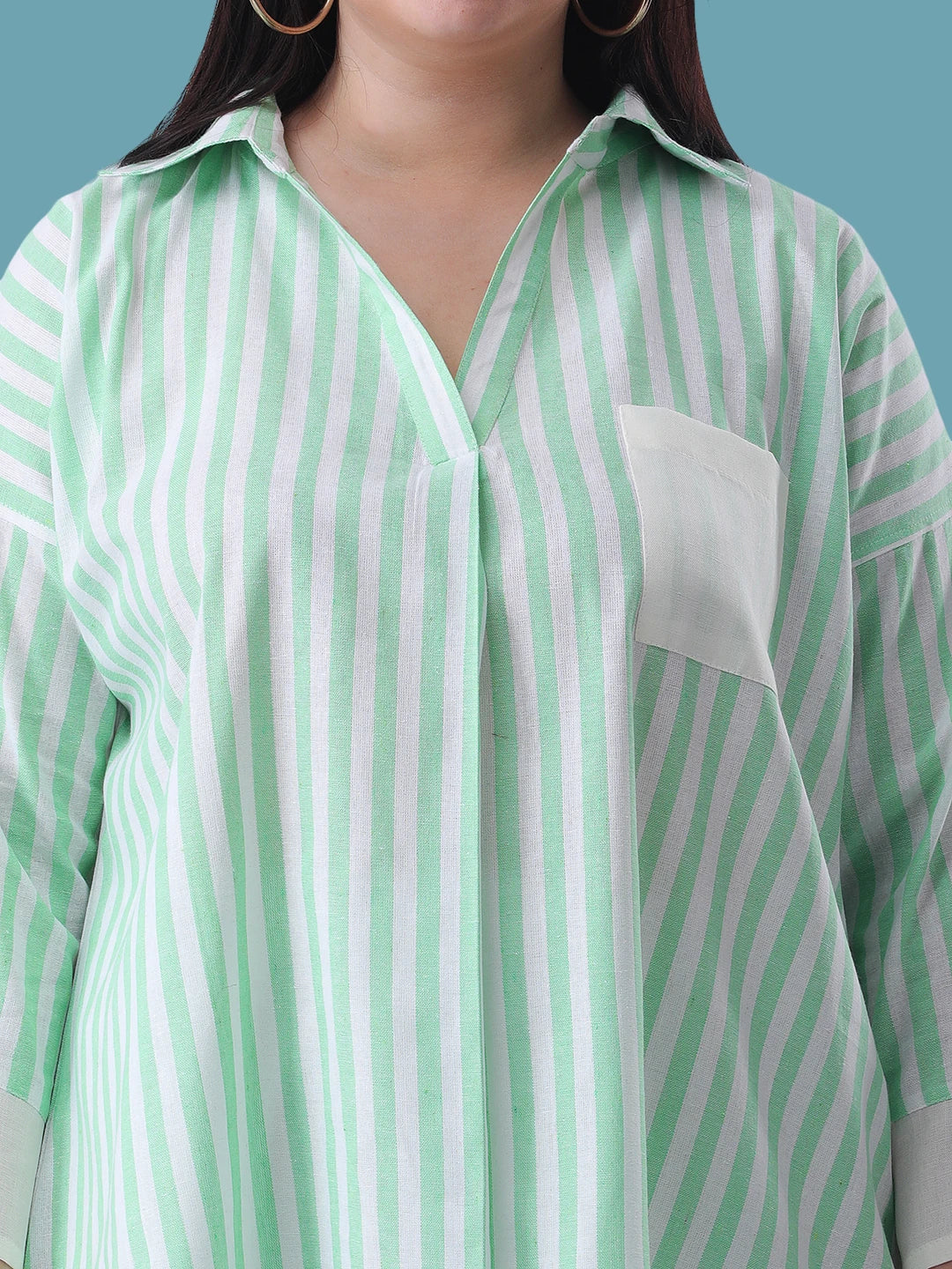 Stripe drop shoulder linen shirt with solid pocket & yoke