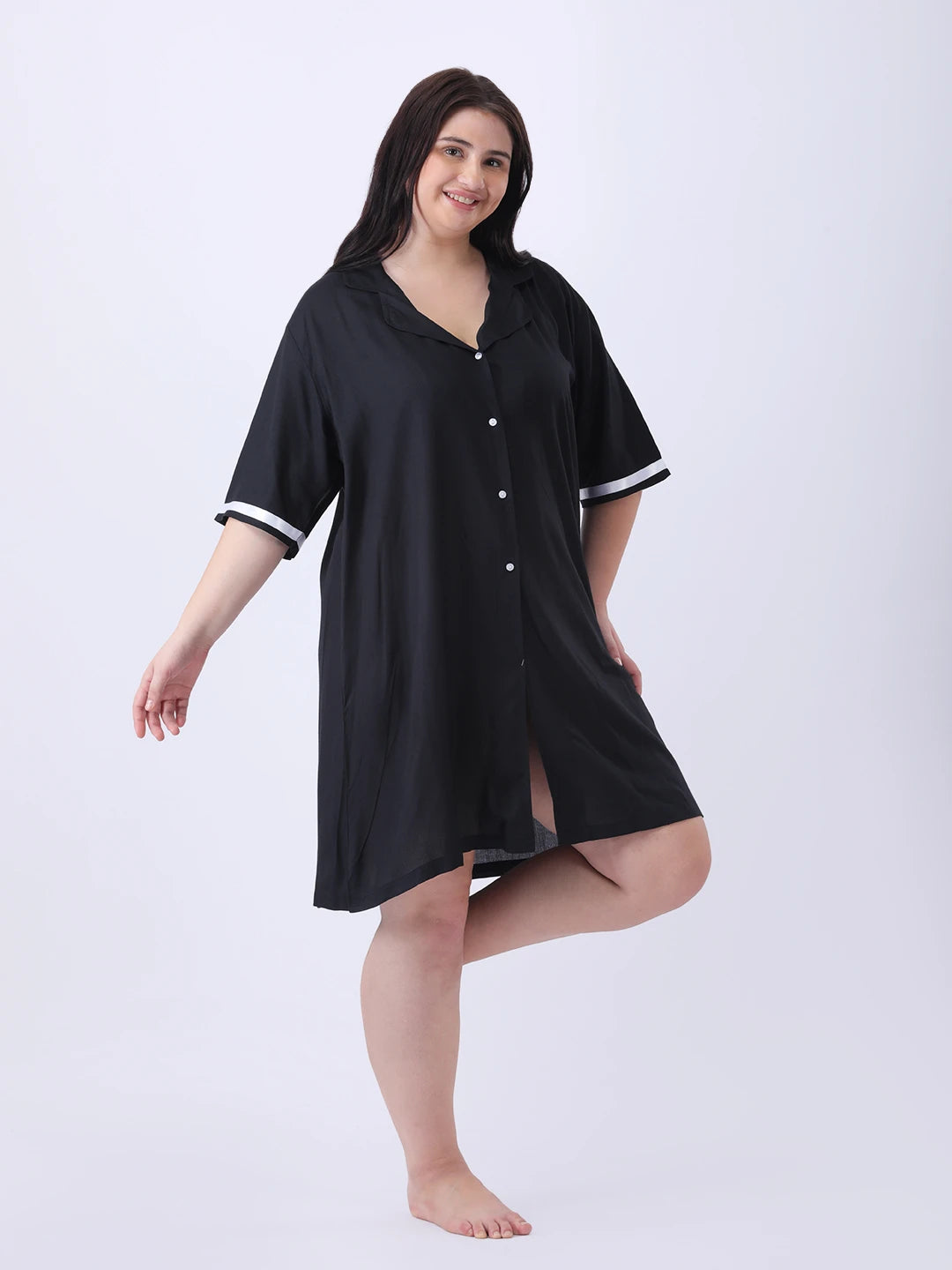 Black rayon shirt dress with ribbon detailing in sleeve