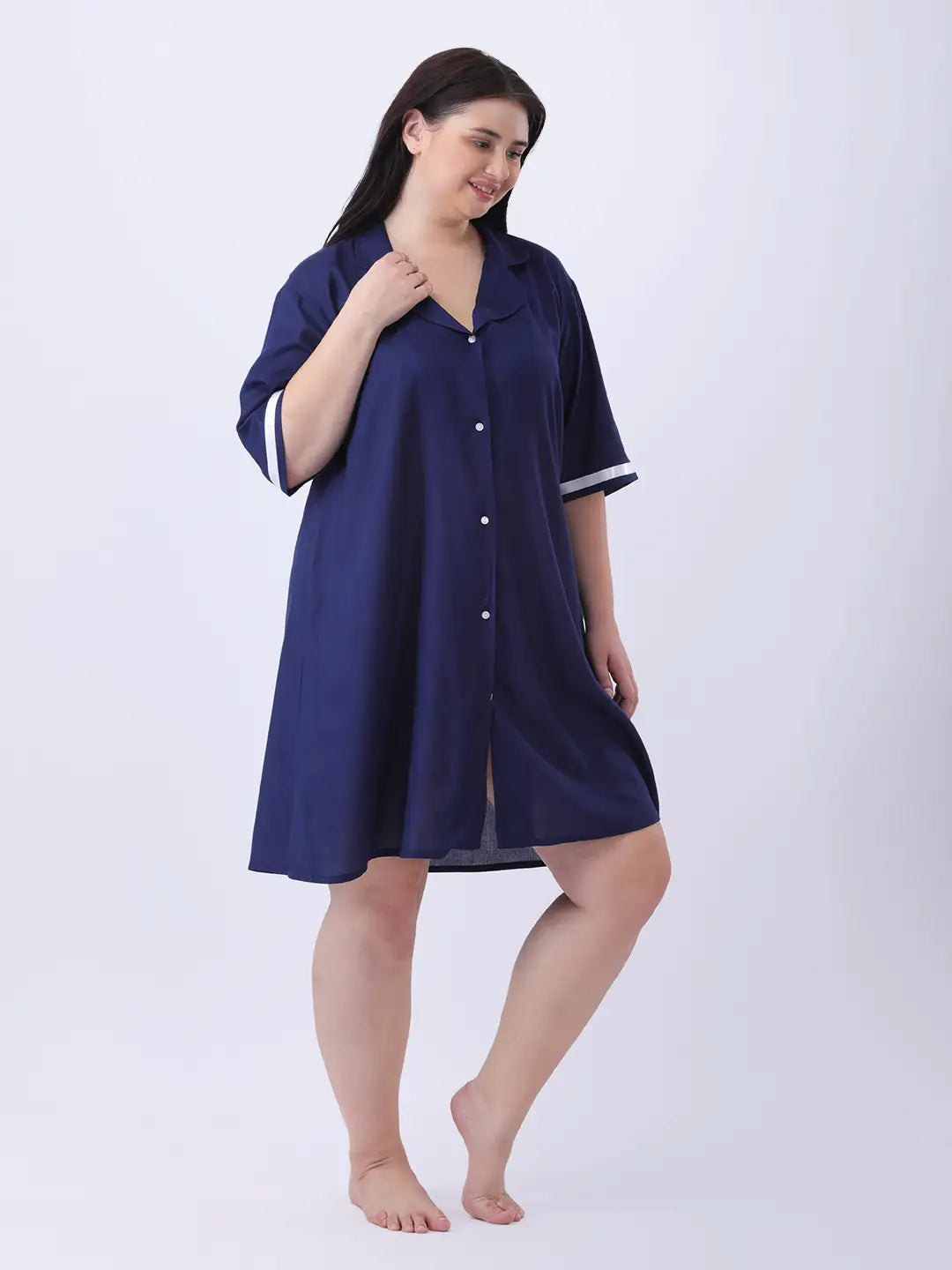 Navy rayon shirt dress with ribbon detailing in sleeve