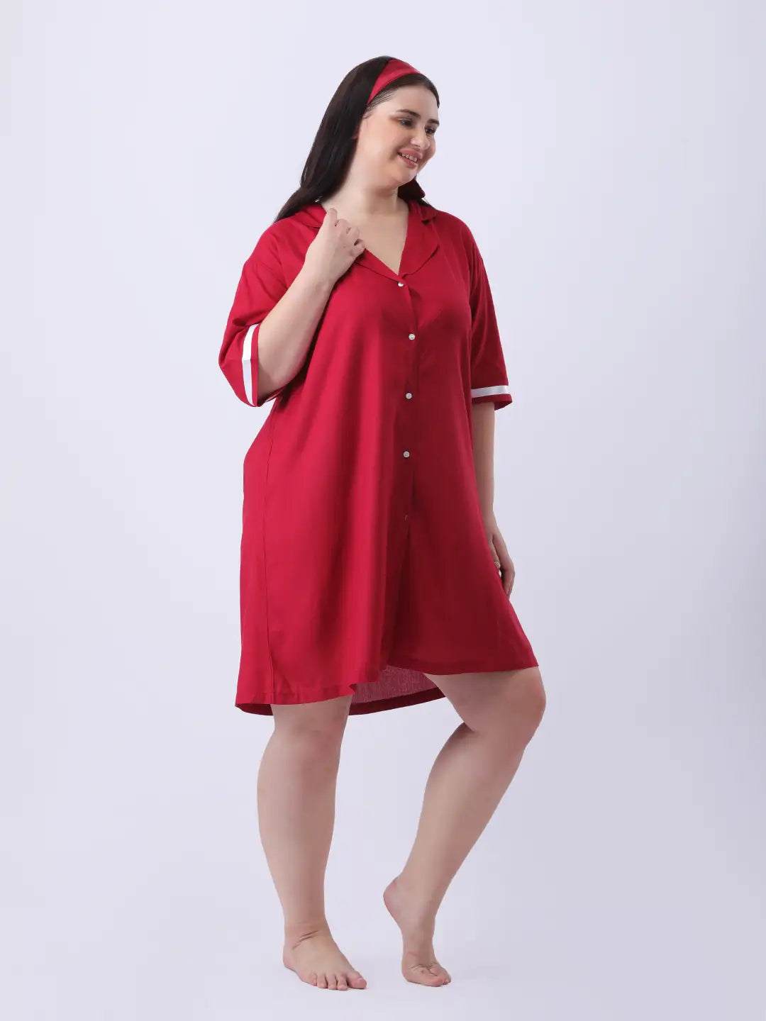 Maroon rayon shirt dress with ribbon detailing in sleeve