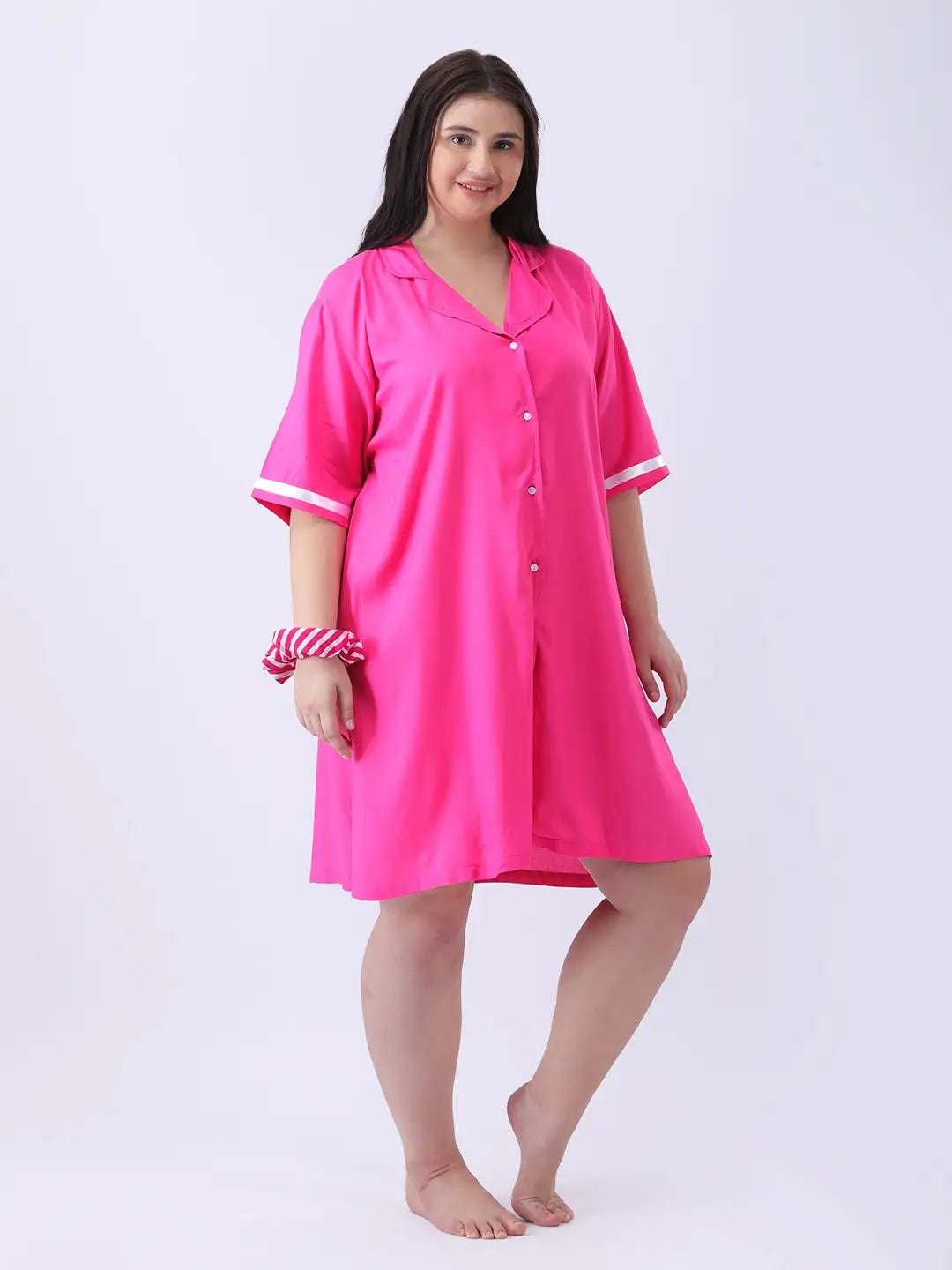 Pink rayon shirt dress with ribbon detailing in sleeve