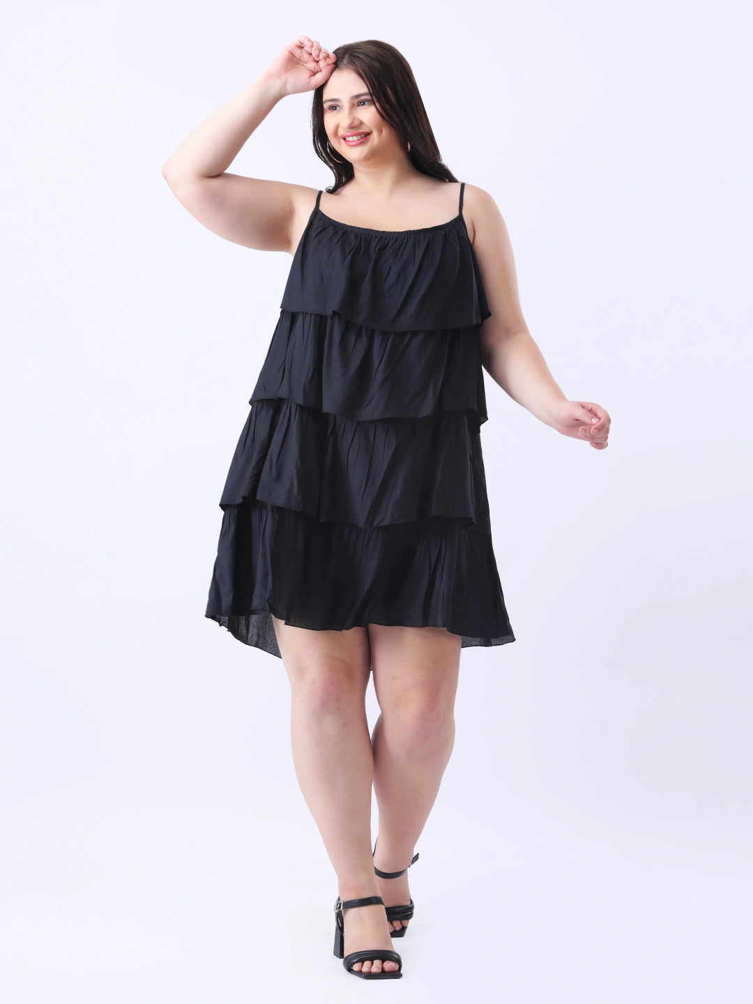 Black rayon tiered ruffle dress