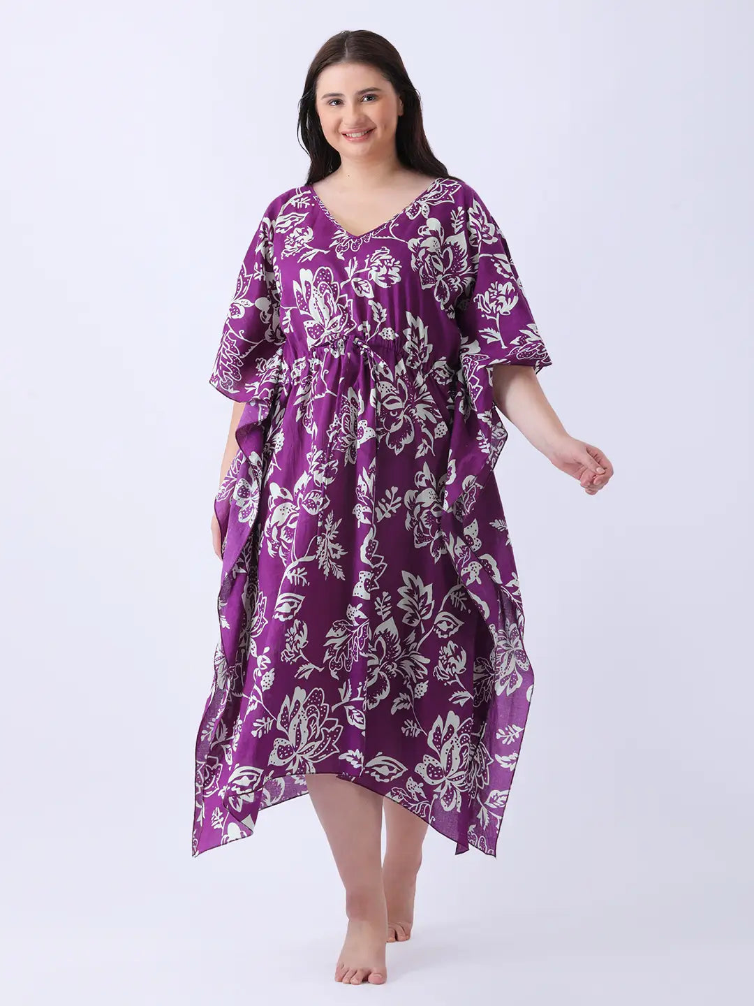 Purple cotton floral printed long kaftan