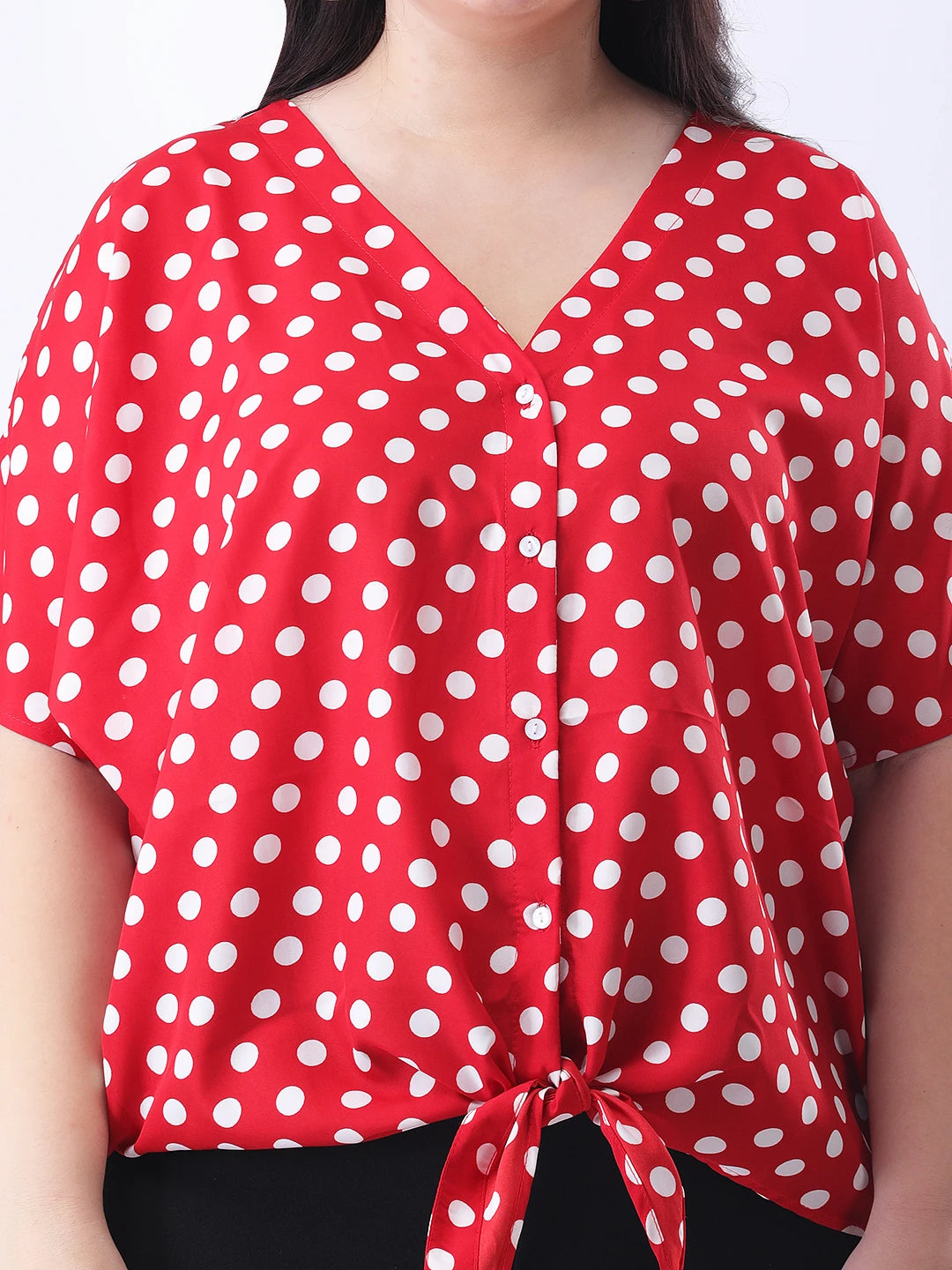 Red polka front tie-up shirt