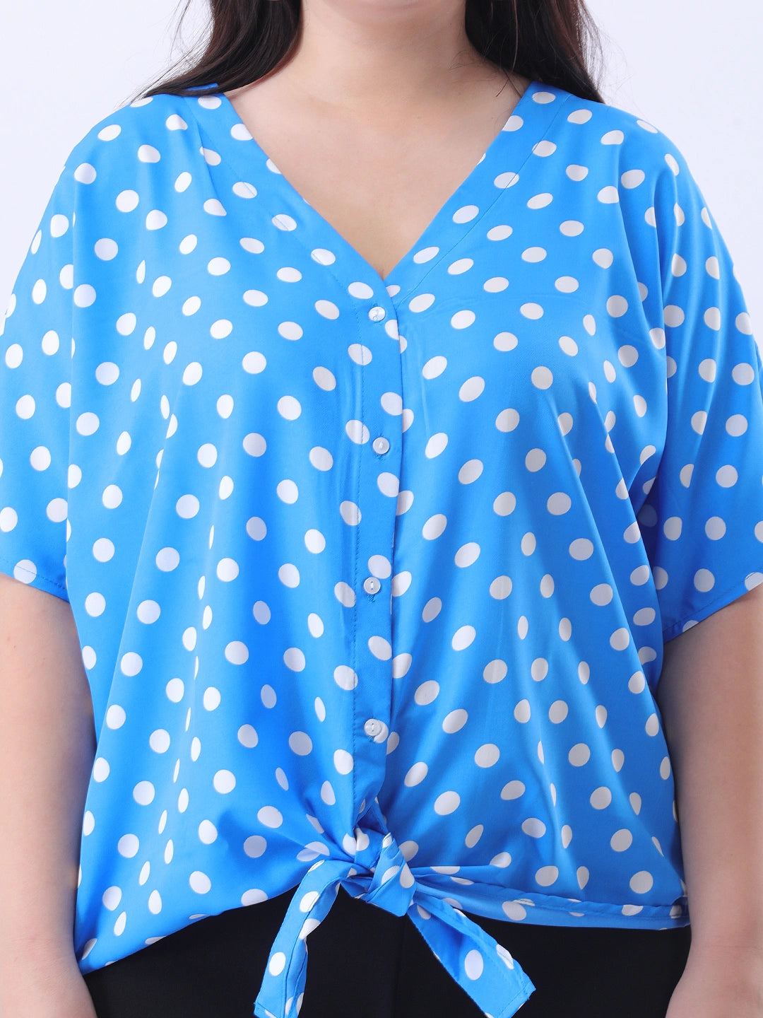 Blue polka front tie-up shirt