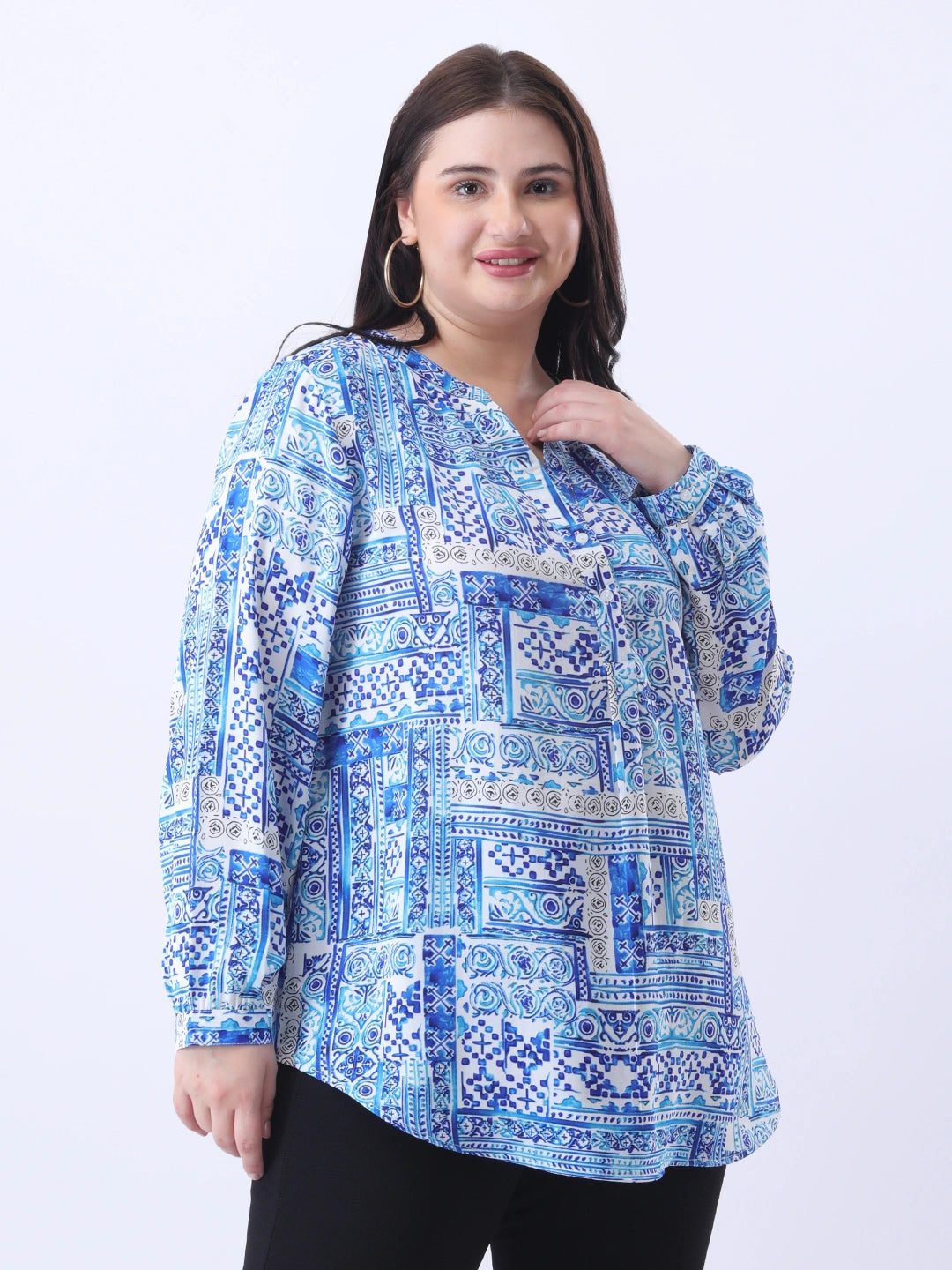 Blue printed mandarin collar shirt