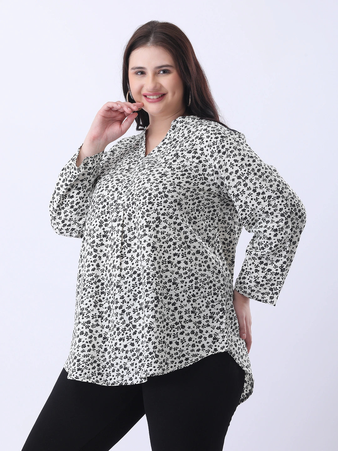 Printed crepe Mandarin collar shirt