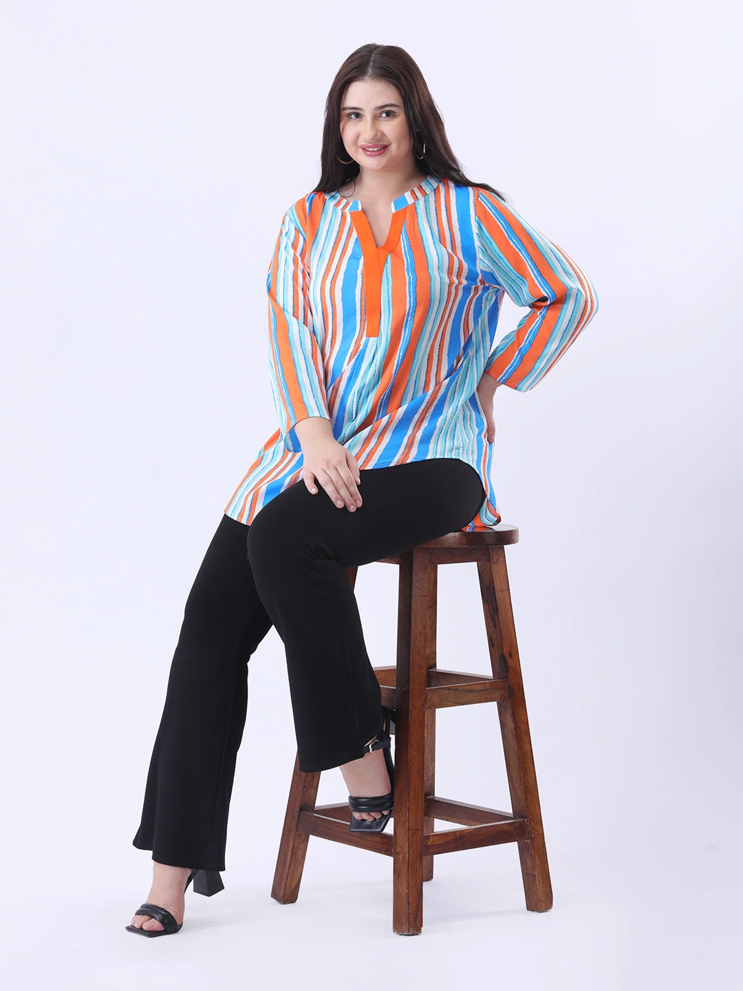 Multi color stripe mandarin collar shirt