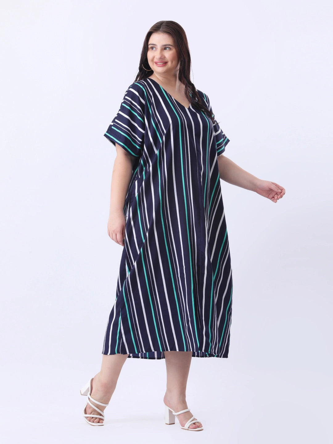 Navy stripe loose fit dress with front slit