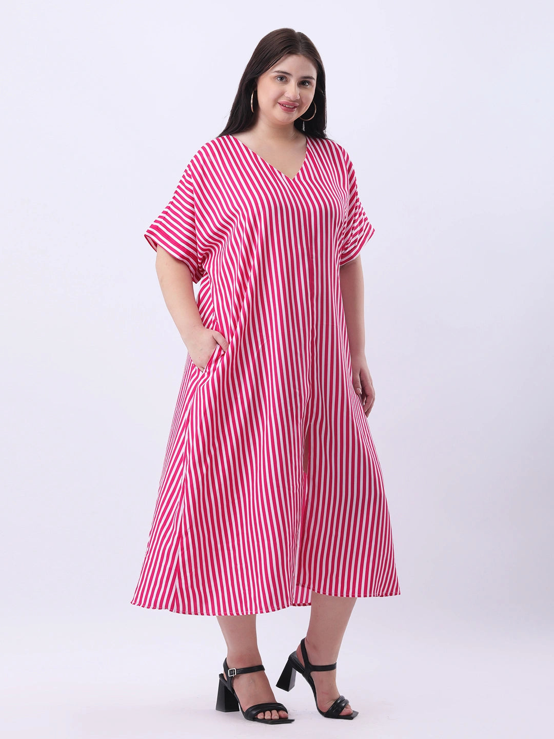 Pink stripe loose fit dress with front slit