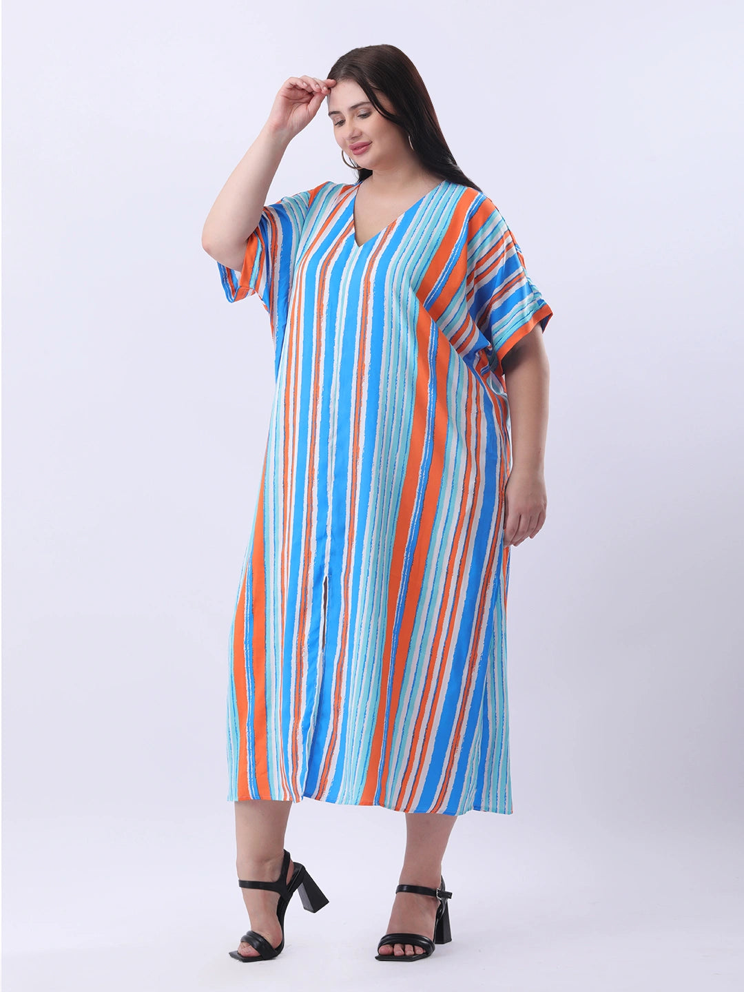 Multi color stripe loose fit dress with front slit