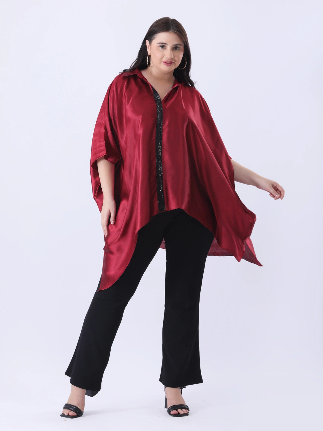 Maroon satin kaftan shirt with sequence detailing in placket