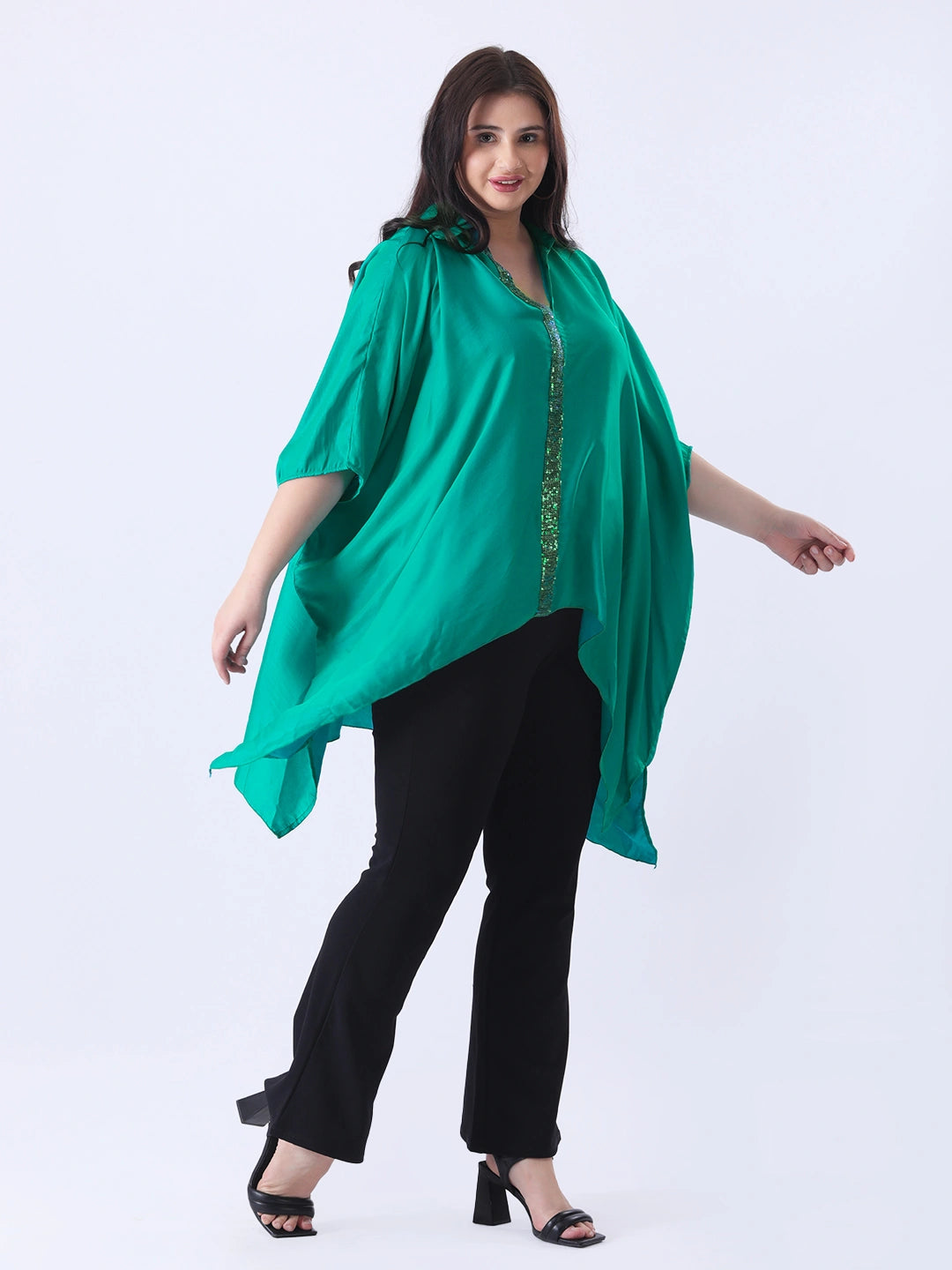 Teal kaftan shirt with sequence detailing in placket