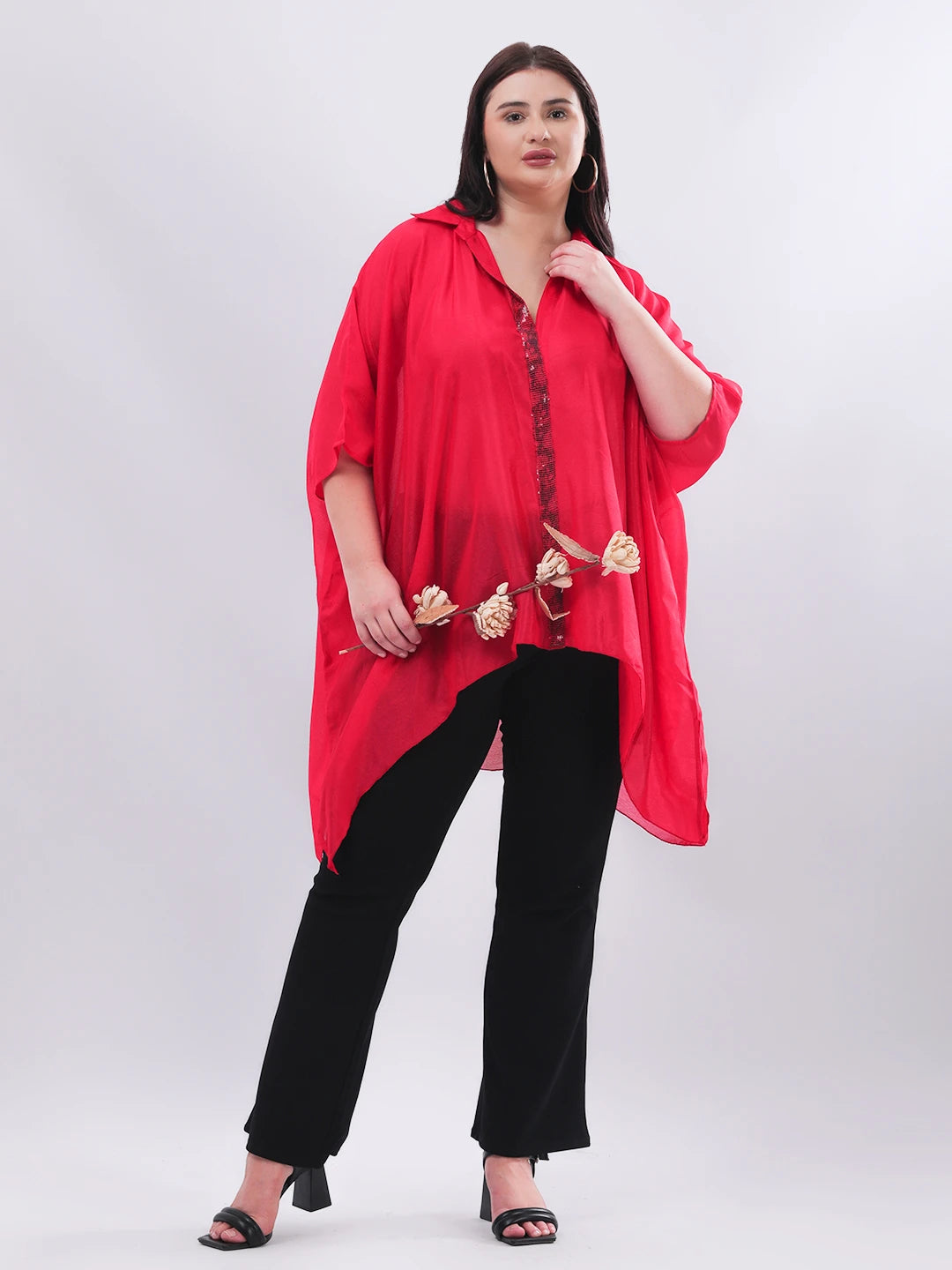 Red chinon kaftan shirt with sequence detailing in placket