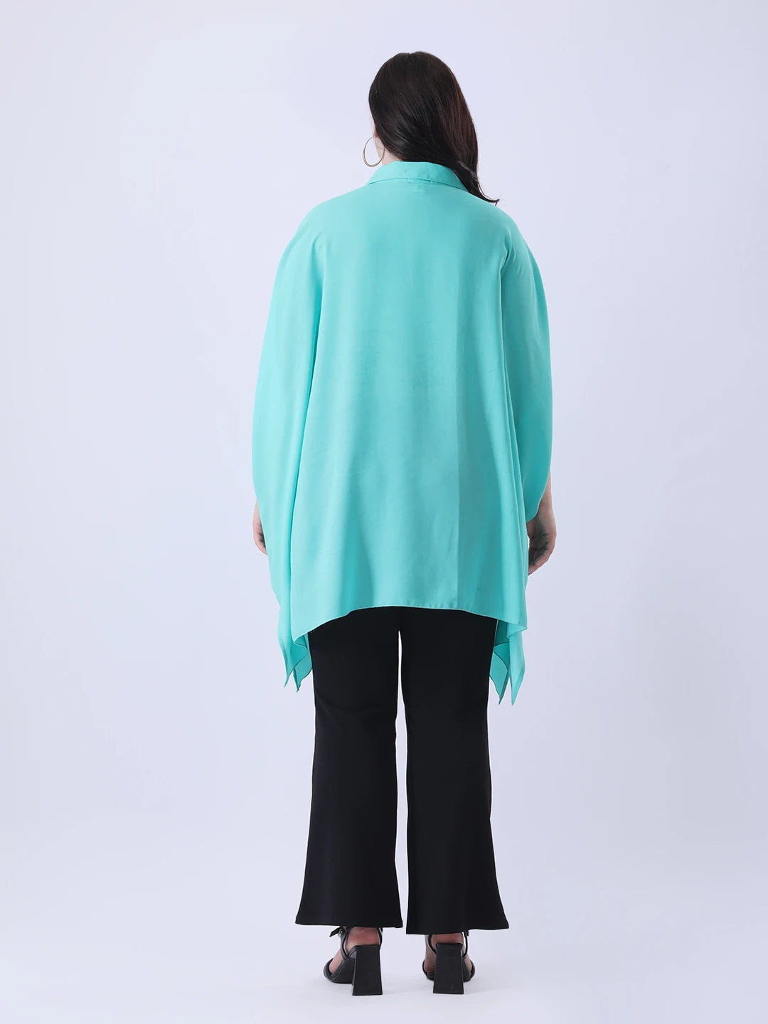 Turquoise moss crepe kaftan shirt with sequence detailing in placket