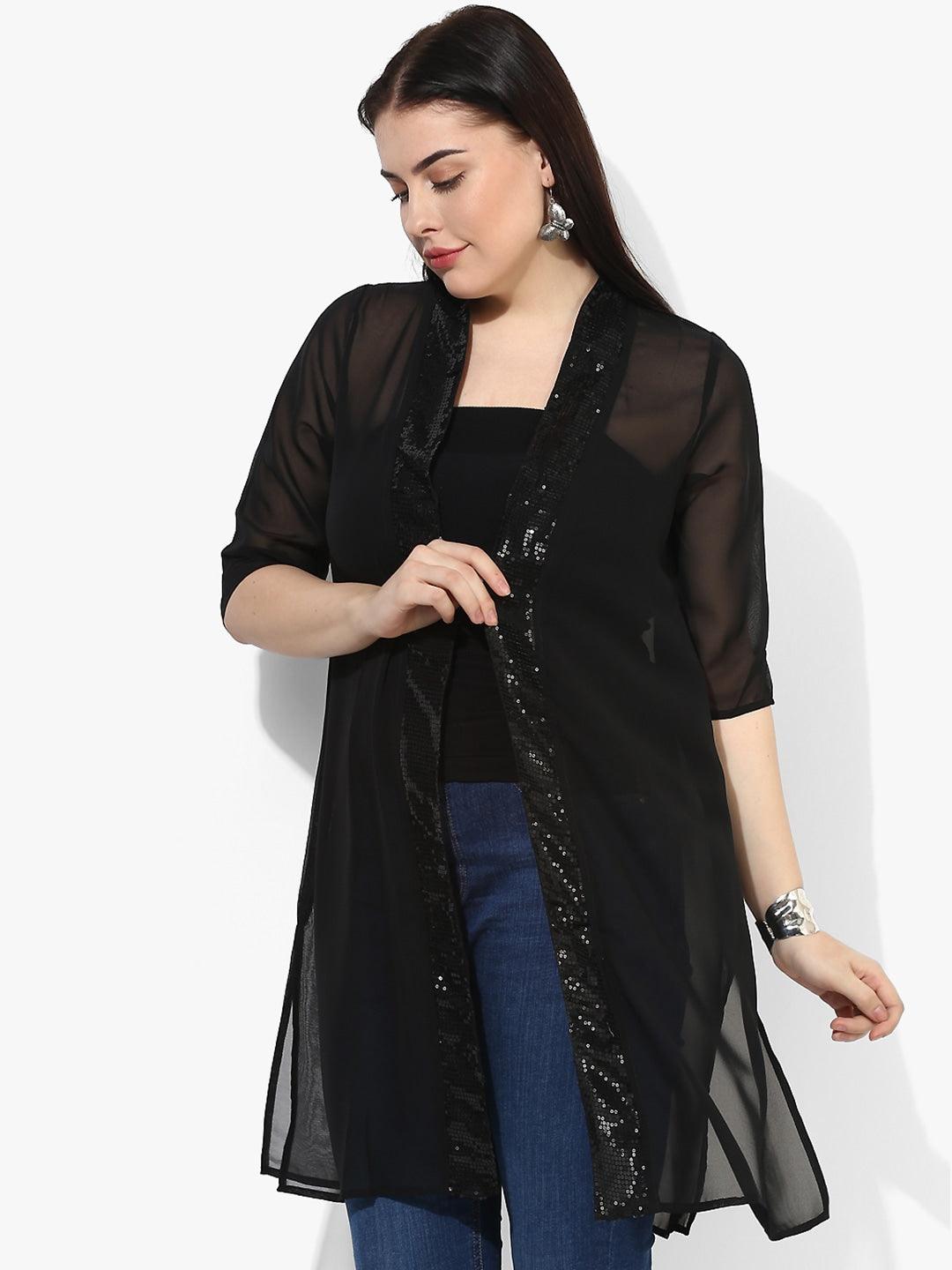 Qurvii Black Solid Open Front Shrug - Qurvii India