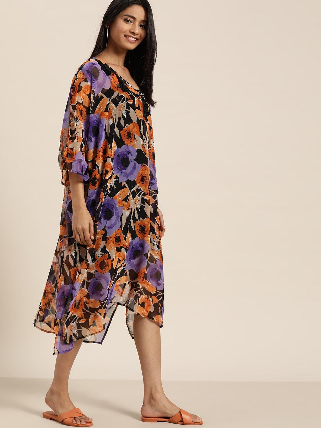 Qurvii Women Black & Orange Sheer Floral Printed Asymmetric Kaftan Dress - Qurvii India