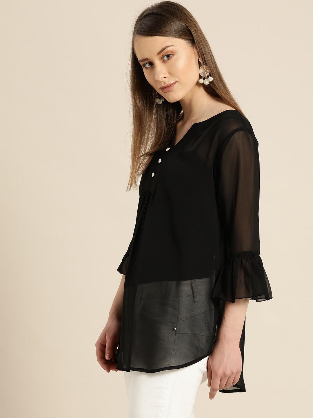 Qurvii Women Black Semi-Sheer Solid Top - Qurvii India