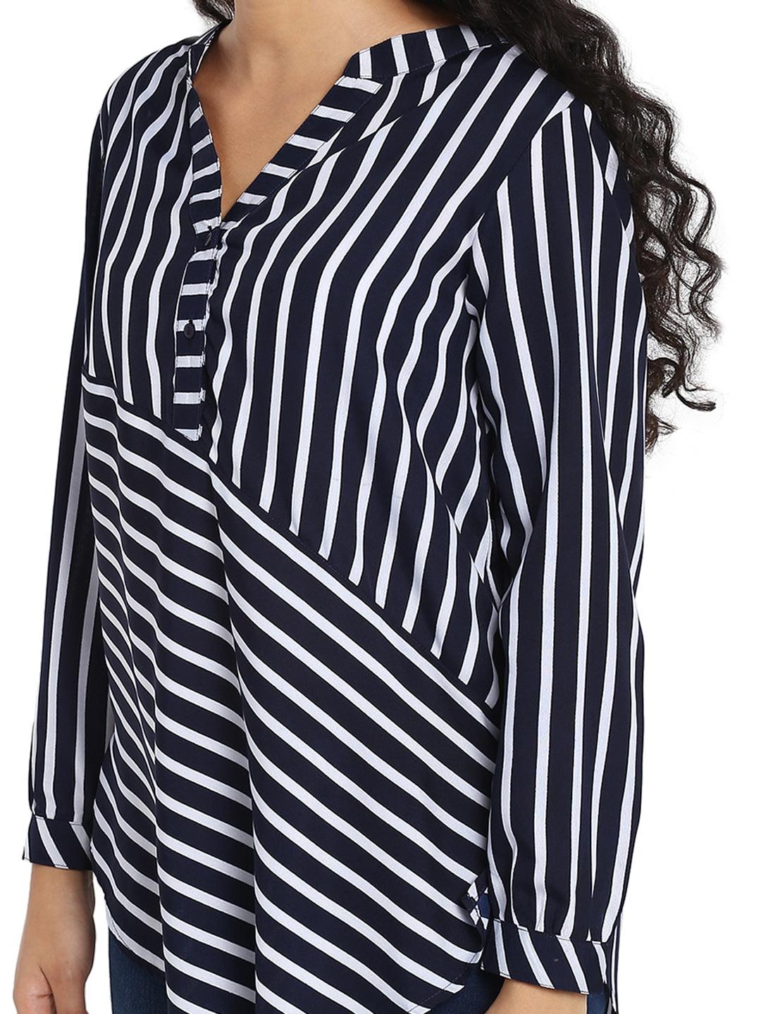 Qurvii Women Navy Blue Striped High-Low Top - Qurvii India