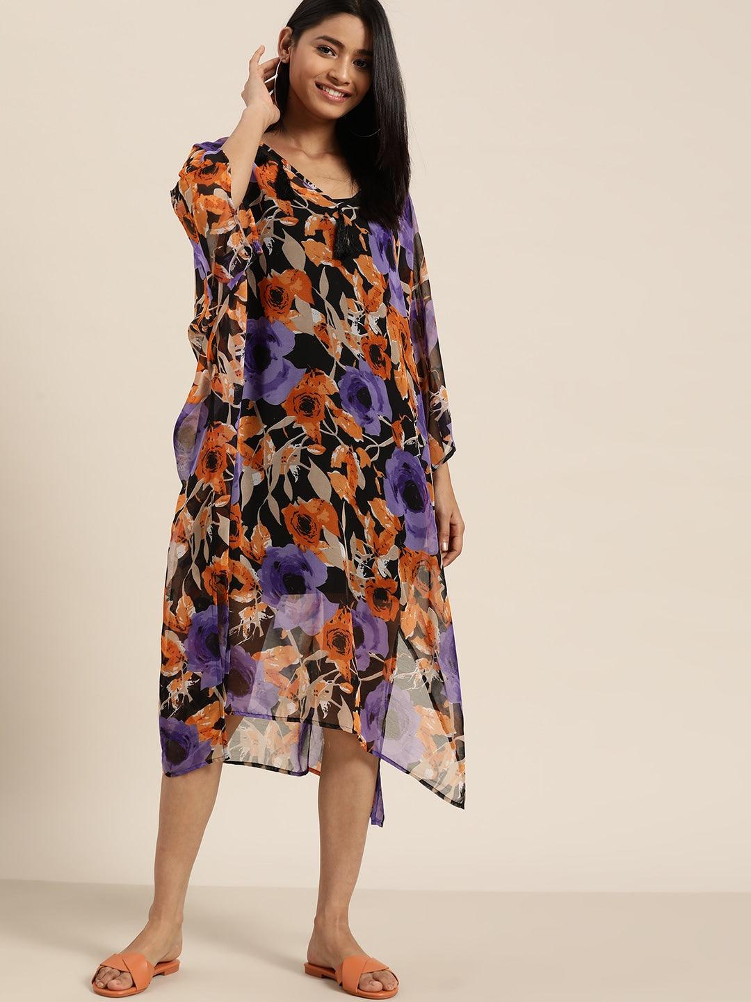 Qurvii Women Black & Orange Sheer Floral Printed Asymmetric Kaftan Dress - Qurvii India