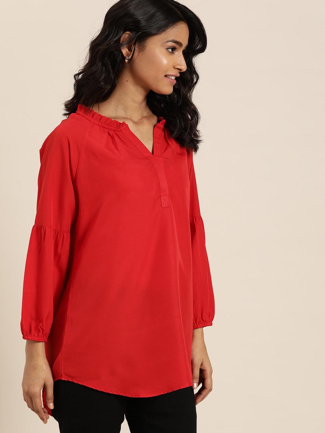 Qurvii Red Solid Puff Sleeves Crepe Top - Qurvii India