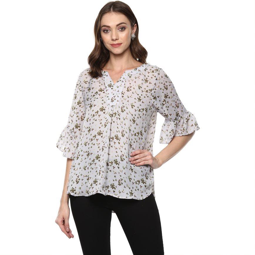 Qurvii Grey floral front gather top - Qurvii India