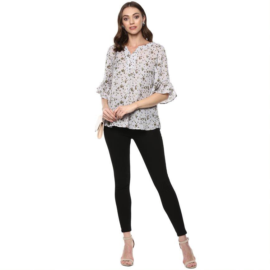 Qurvii Grey floral front gather top - Qurvii India