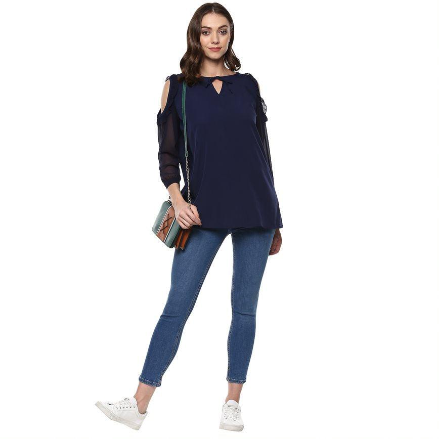 Qurvii Navy Ruffle Trim Cold Shoulder Top - Qurvii India