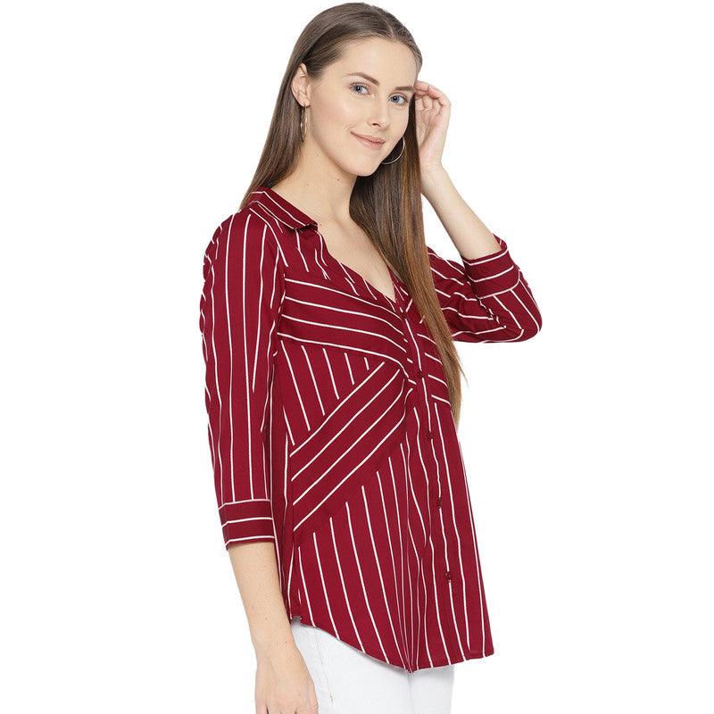 Qurvii Plus Size Women Maroon White Regular Fit Striped Casual Shirt - Qurvii India