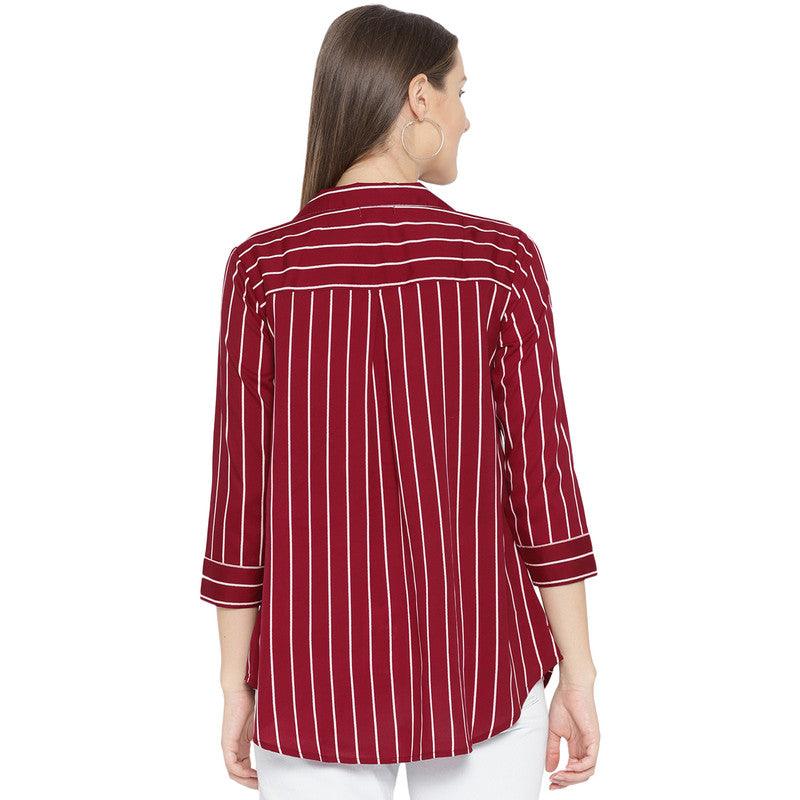 Qurvii Plus Size Women Maroon White Regular Fit Striped Casual Shirt - Qurvii India