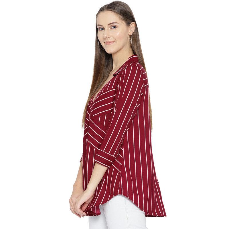 Qurvii Plus Size Women Maroon White Regular Fit Striped Casual Shirt - Qurvii India