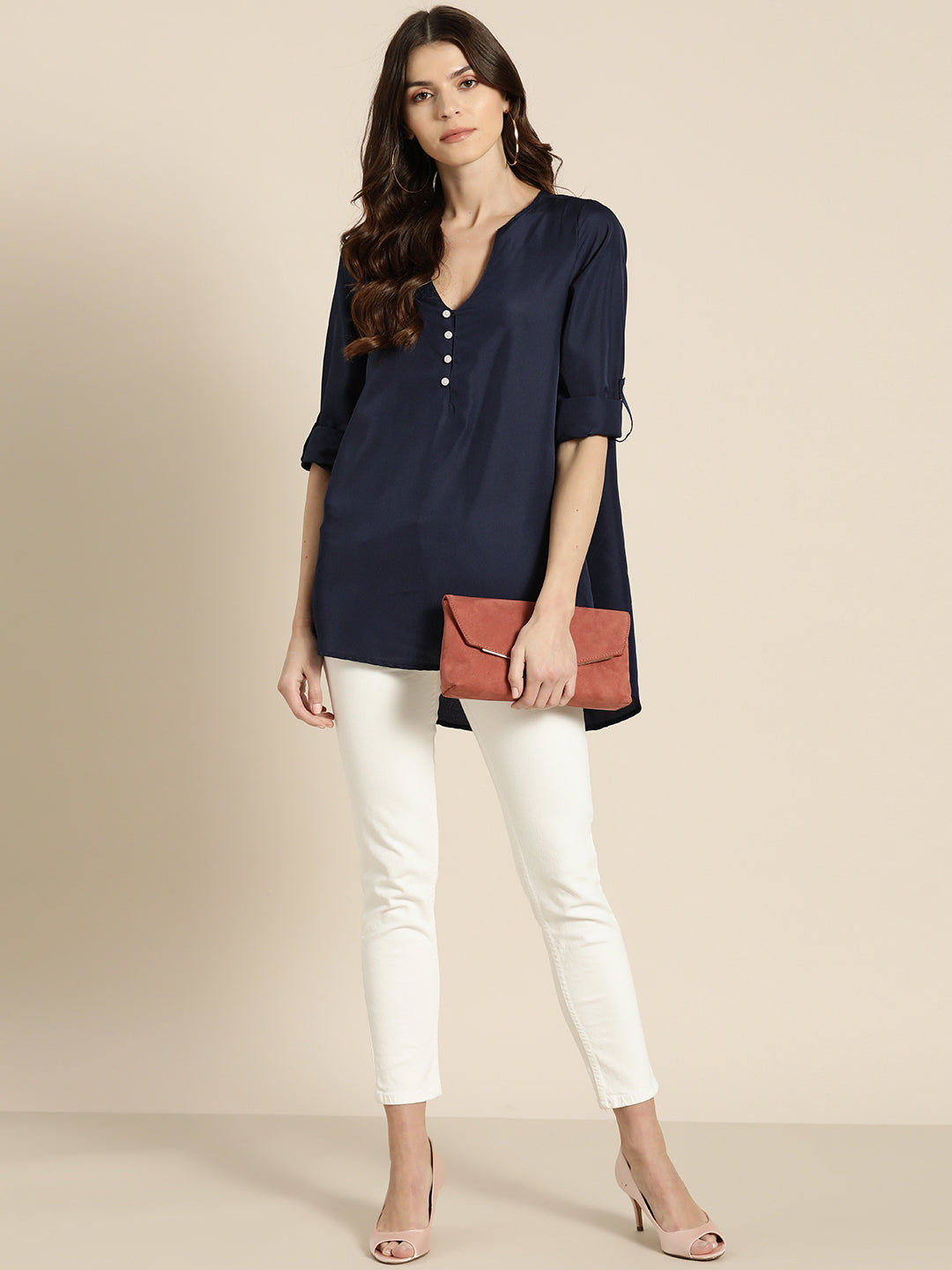 Solid Dark Navy Regular Fit V Neck Three Quarter Roll-up Sleeve Crepe Top