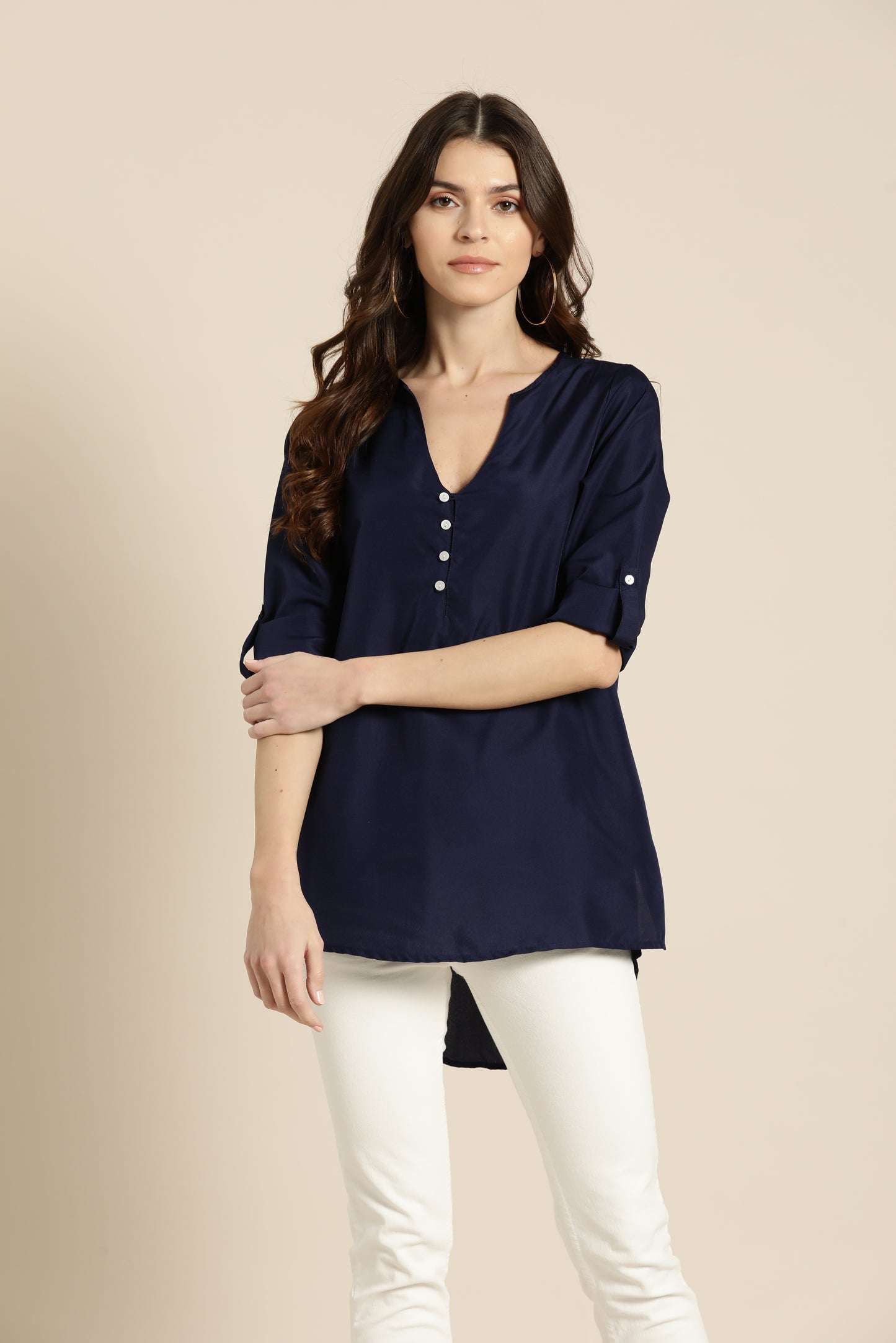 Solid Dark Navy Regular Fit V Neck Three Quarter Roll-up Sleeve Crepe Top