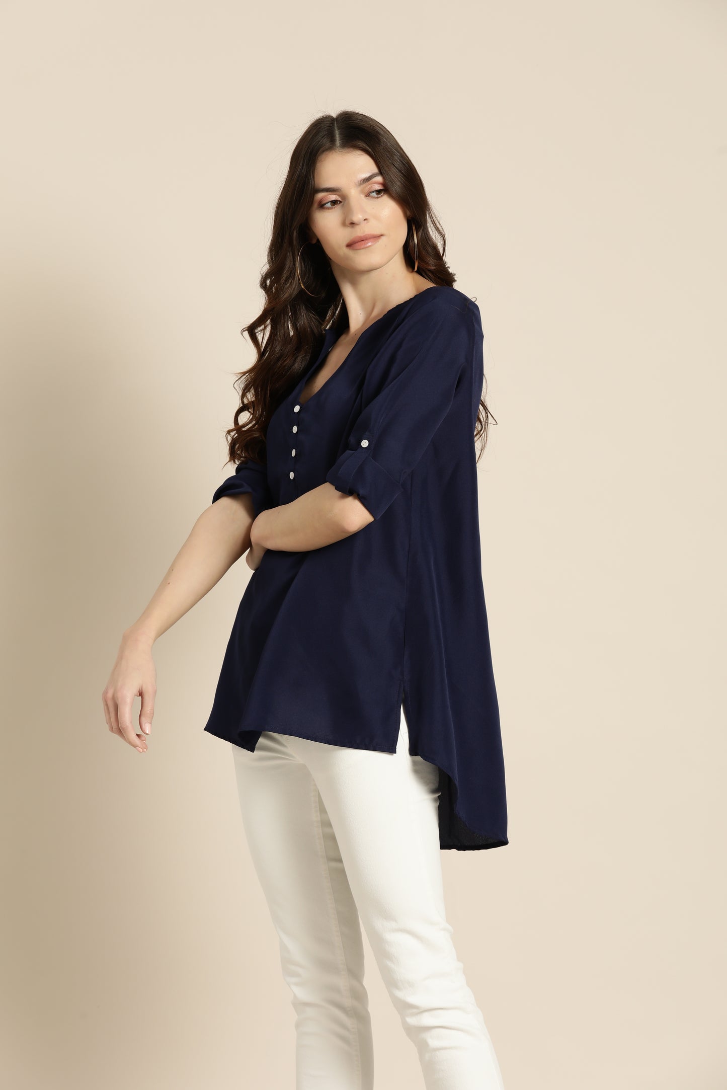 Solid Dark Navy Regular Fit V Neck Three Quarter Roll-up Sleeve Crepe Top