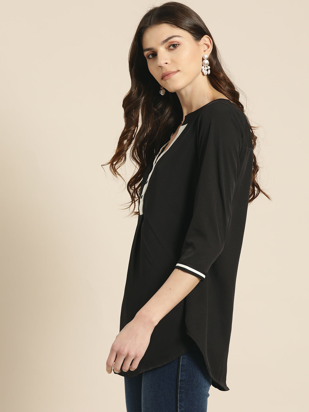 Solid Dark Black Regular Fit Button Front Three Quarter Crepe Top